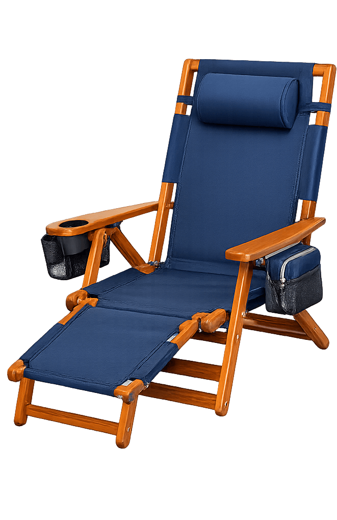 Silla de playa azul con estructura de madera.